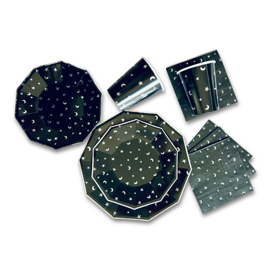 Set Dark Night- Incluye: 8 platos grandes, 8 platos chicos, 16 servilletas y 8 vasos